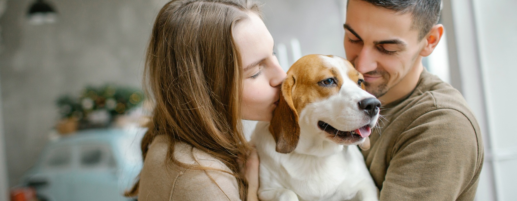 Couple cuddling dog
